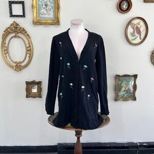 Vintage Escape by Howard Wolfe Black Embroidered Floral Button-Up Cardigan